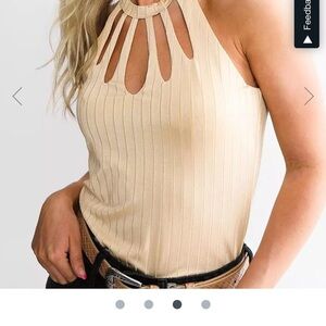 BKE Cream Tank Top with Unique Cutout Neckline